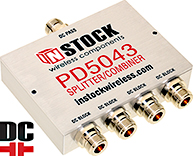 PD5043, DC blocking IP67 outdoor 4-way L-band splitter combiner with N-type coaxial connectors spanning 698-2700 MHz