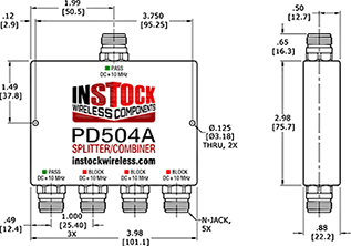 L-Band Splitter, Block 10 MHz + DC, 4 Way, N Type Outline Drawing