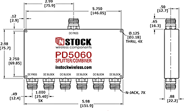 DC Blocking Power Splitter Combiner, 6 Way, Type N Outline Drawing