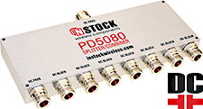 PD5080, DC blocking 8-way L-band splitter combiner with N-type coaxial connectors spanning 698-2700 MHz
