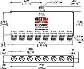 L-Band Splitter, Block 10 MHz + DC, 8 way, N Type Outline Drawing