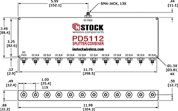 DC Block Power Divider Combiner, 12 Way, SMA Outline Drawing