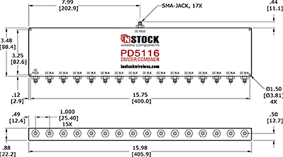 DC Blocking Power Splitter Combiner, 16 Way, SMA Outline Drawing