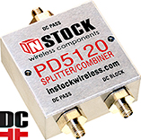 PD5120, DC blocking 2-way L-band splitter combiner with SMA coaxial connectors spanning 698-2700 MHz