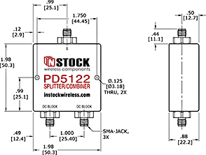 DC Block Power Splitter Combiner, 2 Way, SMA Outline Drawing