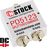 PD5123, IP67 outdoor weatherproof 2-way DC blocking power splitter combiner with SMA coaxial connectors spanning 698-2700 MHz