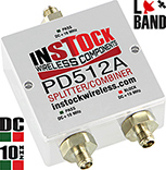 PD512A, DC blocking 2-way L-band splitter with SMA coaxial connectors spanning 698-2700 MHz