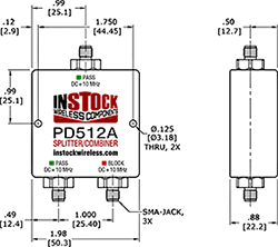 L-Band Splitter, Block 10 MHz + DC, 2 Way, SMA Outline Drawing