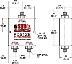 L-Band Splitter, Block 10 MHz + DC, 2 Way, SMA Outline Drawing