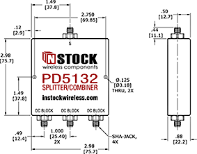 DC Block Power Splitter Combiner, 3 Way, SMA Outline Drawing