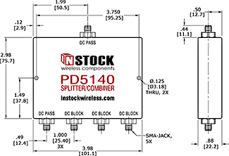 DC Blocking Power Splitter Combiner, 4 Way, SMA Outline Drawing