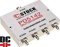 PD5142, All ports DC block 4-way L-band splitter combiner with SMA coaxial connectors spanning 698-2700 MHz