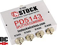 PD5143, IP67 outdoor weatherproof 4-way DC blocking power splitter combiner with SMA coaxial connectors spanning 698-2700 MHz