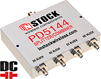 PD5144, All ports DC block 4-way L-band splitter combiner with SMA coaxial connectors spanning 698-2700 MHz