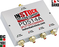 PD514A, DC blocking 4-way L-band splitter with SMA coaxial connectors spanning 698-2700 MHz