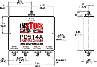 L-Band Splitter, Block 10 MHz + DC, 4 Way, SMA Outline Drawing