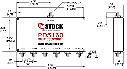 DC Block Power Divider Combiner, 6 Way, SMA Outline Drawing