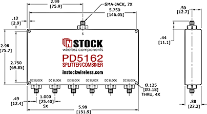 DC Block Power Splitter Combiner, 6 Way, SMA Outline Drawing