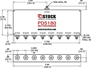 DC Blocking Power Splitter Combiner, 8 Way, SMA Outline Drawing