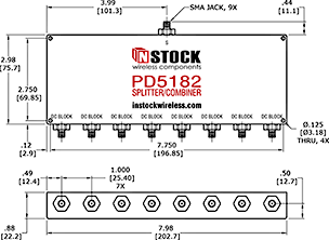 DC Block Power Splitter Combiner, 8 Way, SMA Outline Drawing
