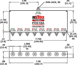 L-Band Splitter, Block 10 MHz + DC, 8 way, SMA Outline Drawing