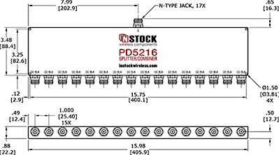 DC Block Power Splitter Combiner, 16 Way, N Type Outline Drawing