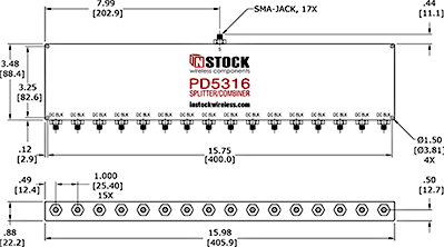 DC Block Power Splitter Combiner, 16 Way, SMA Outline Drawing