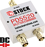 PD5520, DC blocking 2-way power divider combiner with BNC coaxial connectors spanning 698-2700 MHz