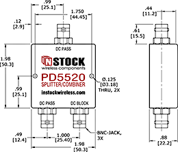 DC Blocking, L-Band BNC Splitter Combiner Outline Drawing