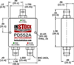 L-Band Splitter, Block 10 MHz + DC, 2 Way, BNC Outline Drawing