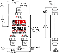 L-Band Splitter, Block 10 MHz + DC, 2 Way, BNC Outline Drawing