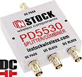PD5530, DC blocking 3-way power divider combiner with BNC coaxial connectors spanning 698-2700 MHz