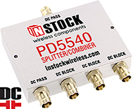 PD5540, DC blocking 4-way power divider combiner with BNC coaxial connectors spanning 698-2700 MHz