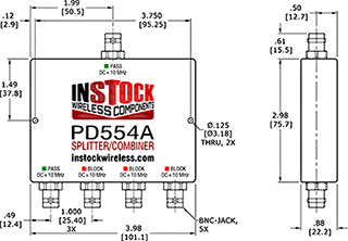 L-Band Splitter, Block 10 MHz + DC, 4 Way, BNC Outline Drawing