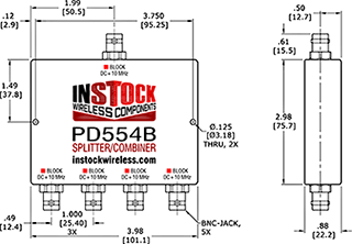 L-Band Splitter, Block 10 MHz + DC, 4 Way, BNC Outline Drawing