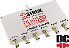 PD5560, DC blocking 6-way power divider combiner with BNC coaxial connectors spanning 698-2700 MHz