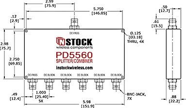 DC Blocking, L-Band BNC Splitter Combiner Outline Drawing.