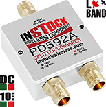 PD592A, DC blocking 2-way L-band splitter with TNC coaxial connectors spanning 698-2700 MHz
