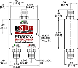 L-Band Splitter, Block 10 MHz + DC, 2 Way, TNC Outline Drawing