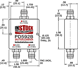 L-Band Splitter, Block 10 MHz + DC, 2 Way, TNC Outline Drawing