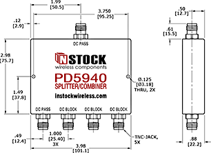 DC Blocking, L-Band TNC Splitter Combiner Outline Drawing.