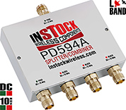 PD594A, DC blocking 4-way L-band splitter with TNC coaxial connectors spanning 698-2700 MHz