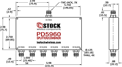 DC Blocking, L-Band TNC Splitter Combiner Outline Drawing.