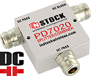 PD7020, DC blocking 2-way T-style L-band splitter with N-type coaxial connectors spanning 698-2700 MHz