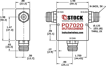 DC Blocking, T-Style, 2-Way, Type-N, RF Splitter Combiner Outline Drawing