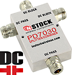 PD7030, DC blocking 3-way T-style L-band splitter with N-type coaxial connectors spanning 698-2700 MHz