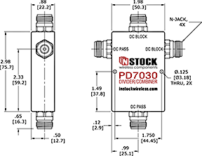 DC Blocking, T-Style, 3-Way, Type-N, RF Splitter Combiner Outline Drawing