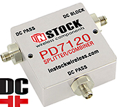 PD7120, DC blocking 2-way T-style L-band splitter with SMA coaxial connectors spanning 698-2700 MHz