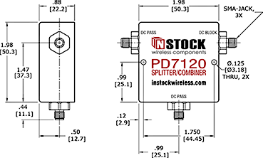 DC Blocking, T-Style, 2-Way, SMA, RF Splitter Combiner Outline Drawing