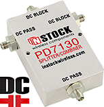 PD7130, DC blocking 3-way T-style L-band splitter with SMA coaxial connectors spanning 698-2700 MHz